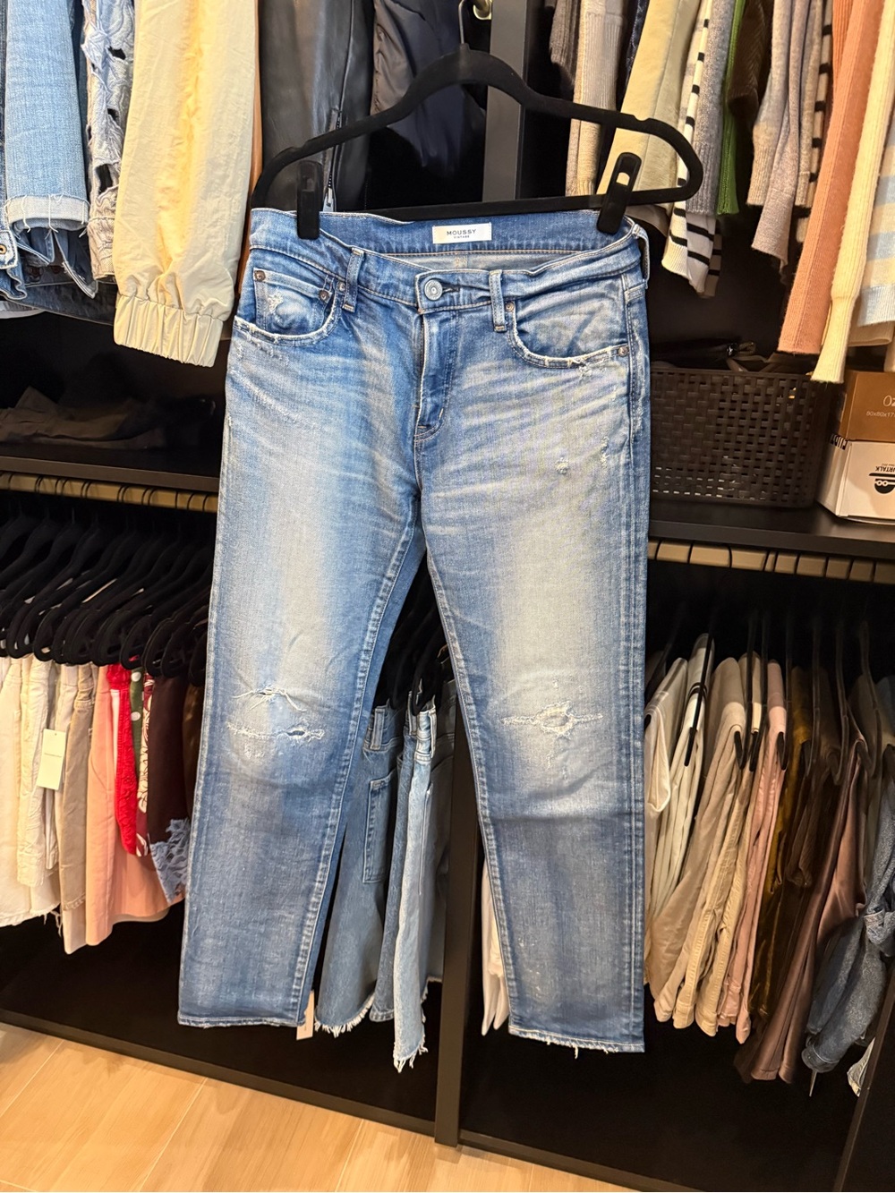 Moussy Light Blue Straight Leg Jeans with Distressed Knees